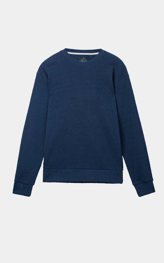 WAFFLE KNIT CREW NECK SWEATSHIRT BLUE