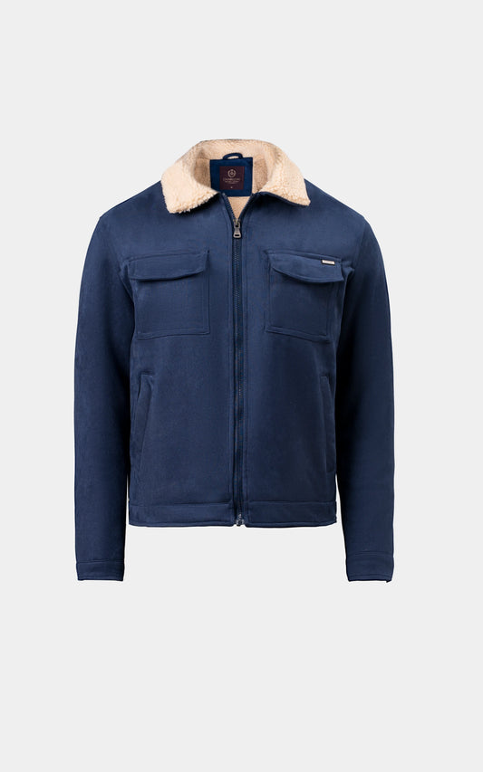 SMART FIT FULLSLEEVE FUR COLLAR SUEDE JACKET BLUE